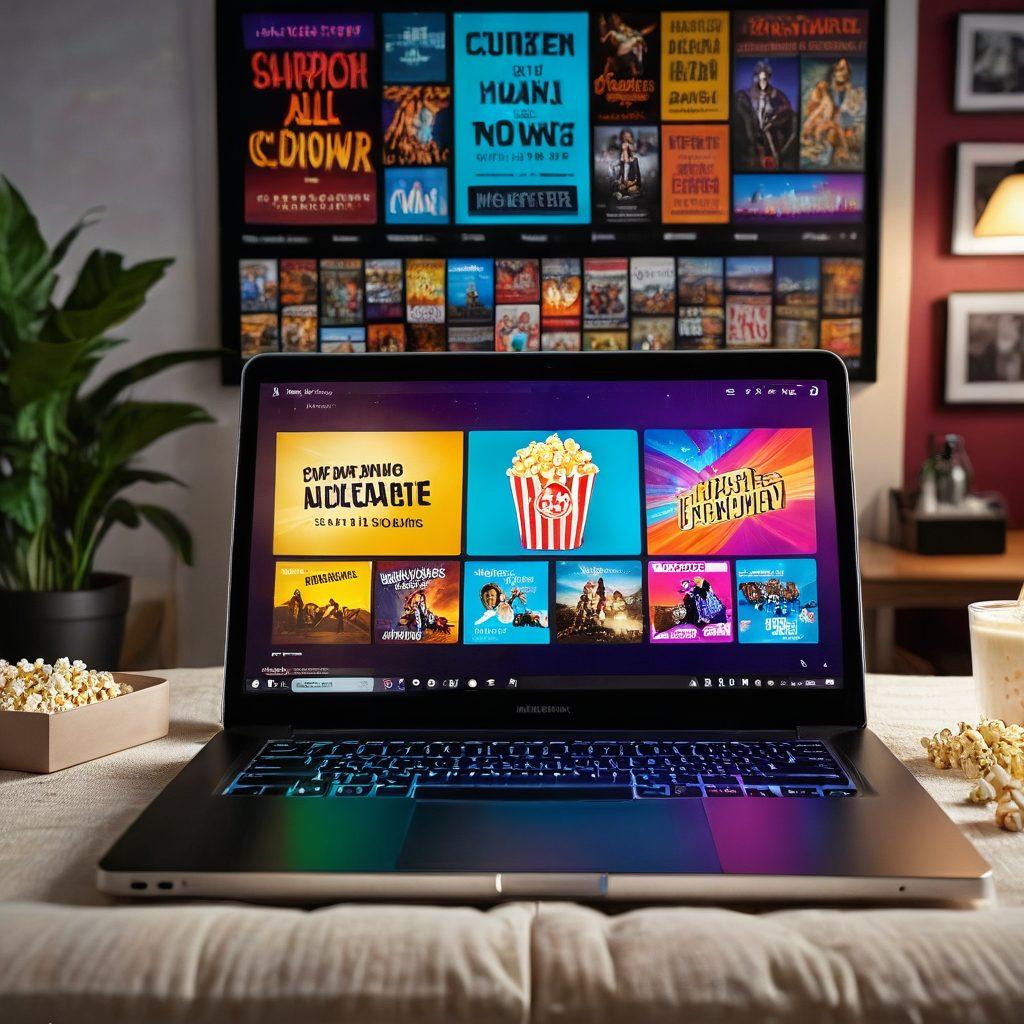 A modern laptop displaying a colorful streaming interface filled with vibrant movie posters. Surrounding the laptop, a cozy living room scene with popcorn, a drink, and a big comfy sofa. Bright lights from the screen casting a warm glow, inviting viewers to dive into the world of free movies. Elements of film reels and director's clapperboard subtly integrated into the background. super-realistic. vibrant colors.
