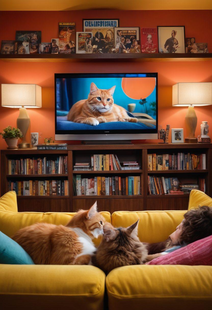 A cozy living room setting featuring a large TV screen displaying a collage of iconic movie posters. A couple snuggles on a plush couch with popcorn bowls, surrounded by soft lighting and shelves filled with DVDs and Blu-rays. A cat lounges nearby, adding warmth to the scene. Theme of relaxation and enjoyment in watching films effortlessly. vibrant colors. super-realistic.
