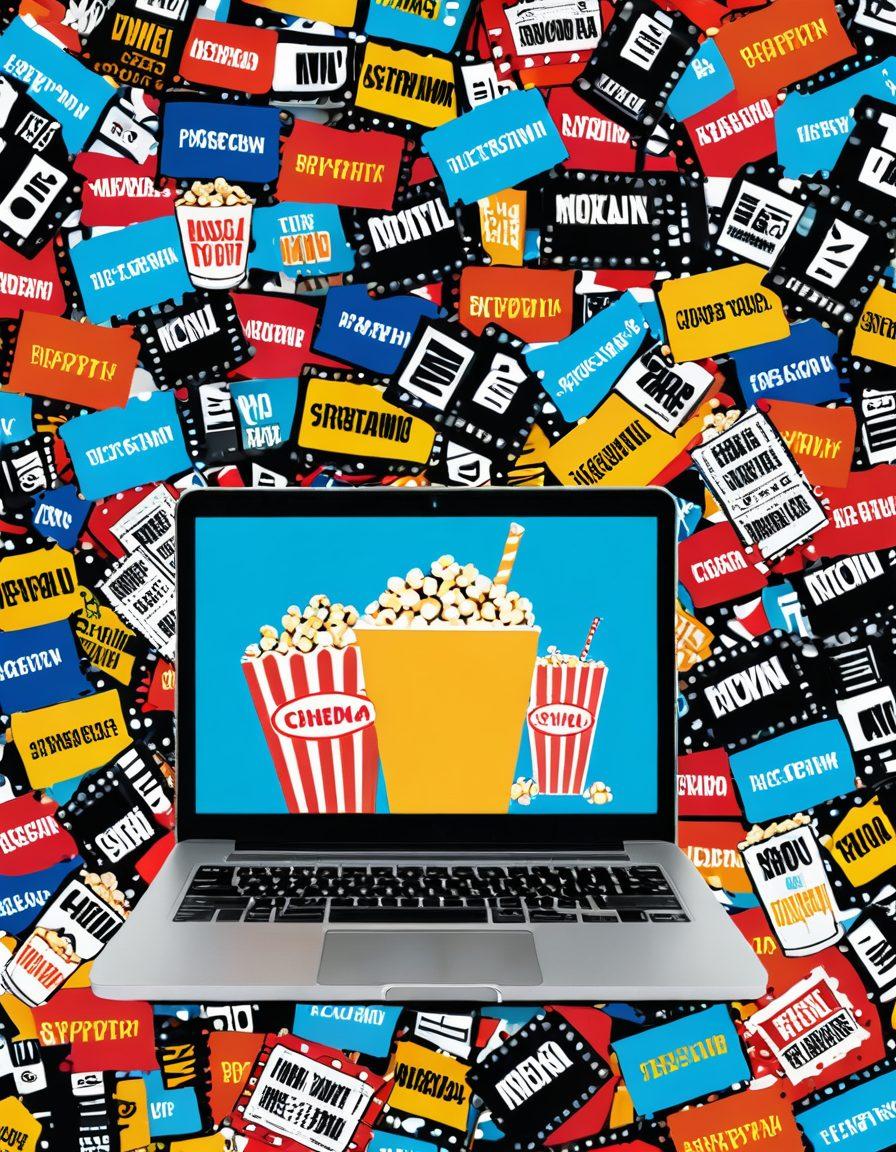 A vibrant collage showcasing various movie platforms, featuring iconic film reels, a laptop screen displaying streaming services, and a collection of movie posters. The background is filled with bright, eye-catching colors representing different movie genres. Included elements like popcorn and a classic cinema ticket to evoke a cinematic experience. super-realistic. vibrant colors. movie-themed.